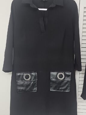 MSK Black Mini Tunic Dress with Faux Leather Pocket Accents